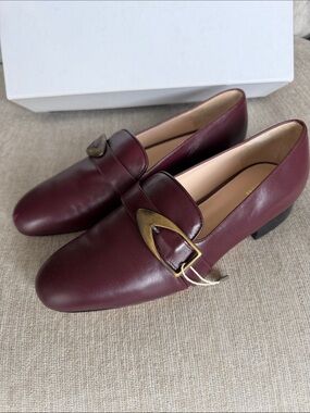 Pollini Burgundy Leather Loafers with Antique Gold Buckle